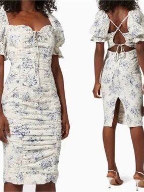 Lavish Alice White Midi Dress with Blue Floral Print and Puff Sleeves